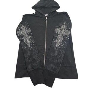 Vtg Pink Cattlelac Women's S Cowgirl Cross Embellished Rhinestone Black Hoodie